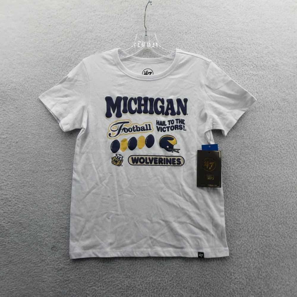 47 Brand Shirt Kids Large Michigan Wolverines Football White Cotton Short Sleeve